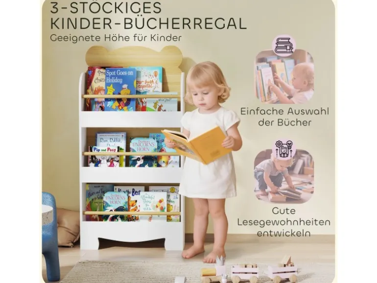 AIYAPLAY Bücherregal für Kinder Kinderregal mit 3 Ablagen aus Holz
