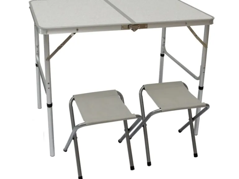 AMANKA Klappbarer Campingtisch 90 x 60 x 70 cm inkl. 2 Aluminium Hocker Hellgrau