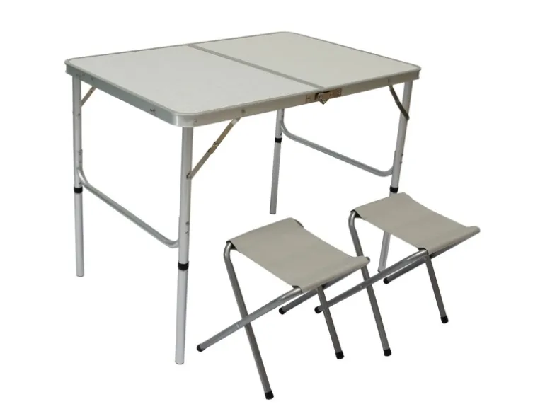 AMANKA Klappbarer Campingtisch 90 x 60 x 70 cm inkl. 2 Aluminium Hocker Hellgrau