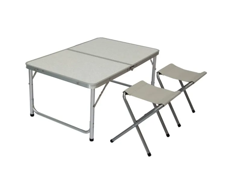 AMANKA Klappbarer Campingtisch 90 x 60 x 70 cm inkl. 2 Aluminium Hocker Hellgrau