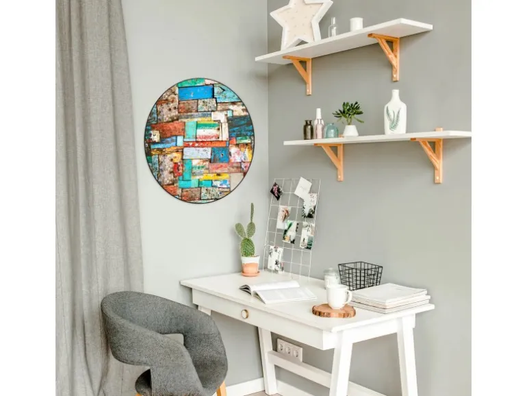 Banjado Magnettafel Rund Größe 47cm Magnetwand Schwarz Aus Metall Magnetpinnwand Pinnwand Motiv Bunte Holzschindeln