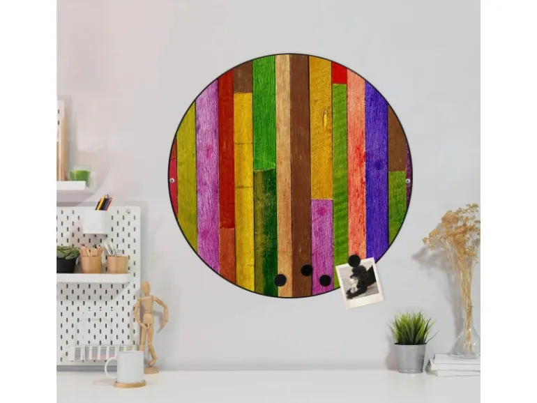 Banjado Magnettafel Rund Größe 47cm Magnetwand Schwarz Aus Metall Magnetpinnwand Pinnwand Motiv Holz Collage Bunt