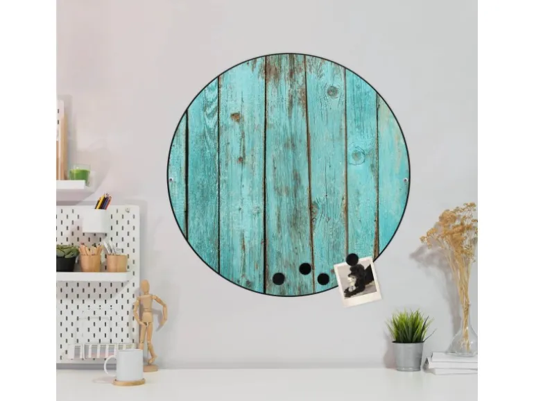 Banjado Magnettafel Rund Größe 47cm Magnetwand Schwarz Aus Metall Magnetpinnwand Pinnwand Motiv Blaues Holz