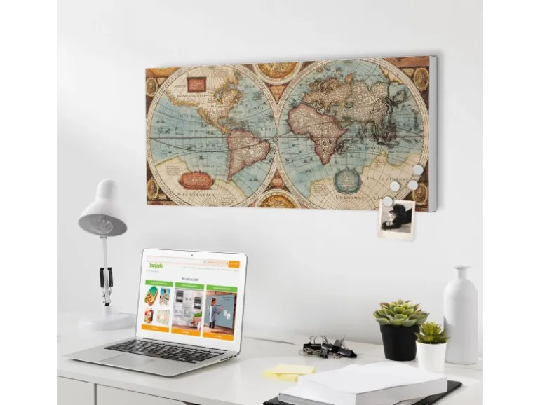 Banjado Magnettafel 78x37cm Magnetwand Weiß Aus Metall Magnetpinnwand Pinnwand Inkl. 4 Magnete Motiv Historische Weltkarte