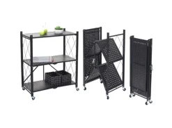 BERLINLODGE KLAP Klappbares Regal Auf Rollen HxBxT 87 x 72 x 34 cm 3 Ebenen Belastbarkeit 150kg Schwarz Wohnregal