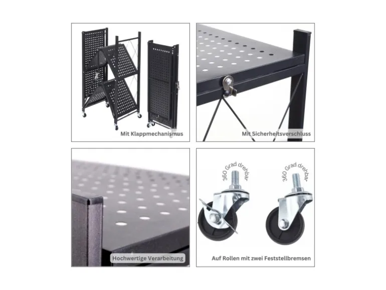 BERLINLODGE KLAP Klappbares Regal Auf Rollen HxBxT 87 x 72 x 34 cm 3 Ebenen Belastbarkeit 150kg Schwarz Wohnregal
