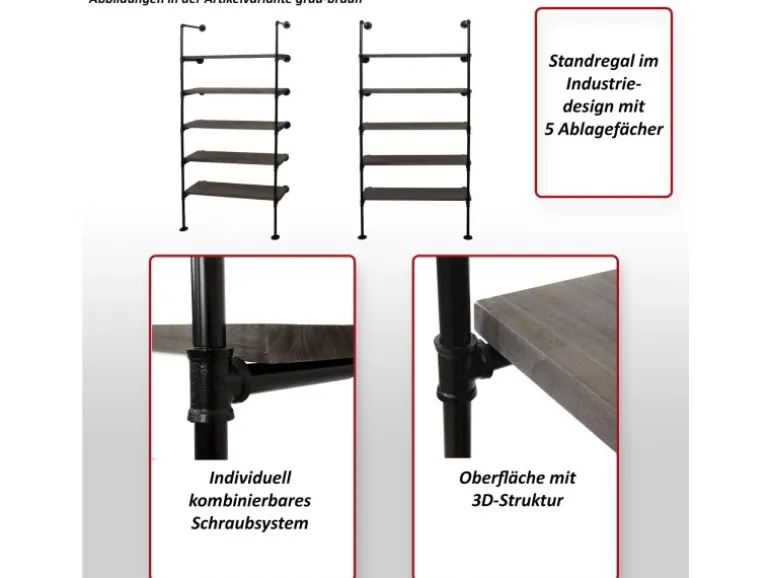 BERLINLODGE Standregal HxBxT 165x80x28cm Industriedesign Holz Metall Braun Wohnregal Bücherregal Ablageregal