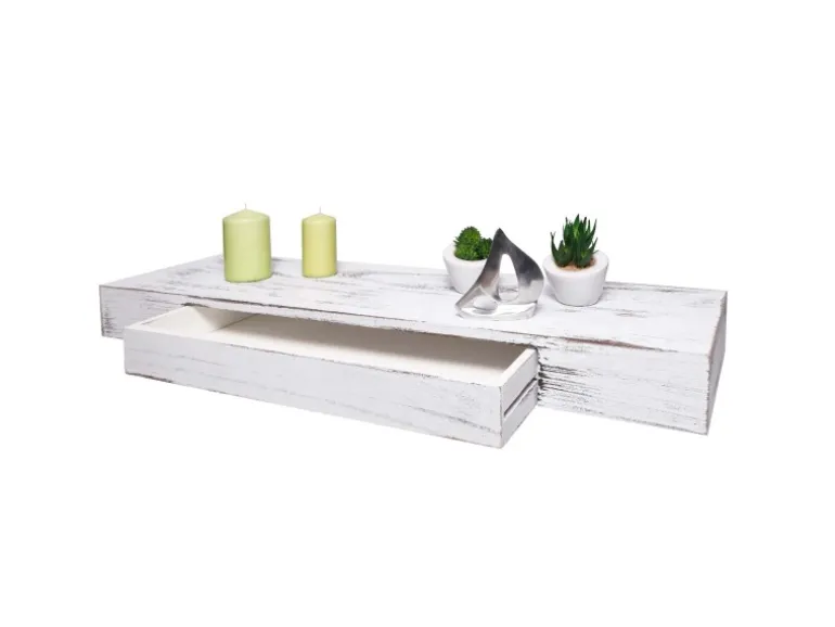 BERLINLODGE Wandregal HxBxT 8x80x25cm Schublade Massiv-Holz Weiß Shabby Schweberegal Wandboard Hängeregal Regal