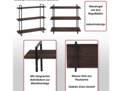 BERLINLODGE Wandregal HxBxT 60x60x18cm 3 Regalböden Massiv-Holz Industrial Natur Hängeregal Schweberegal
