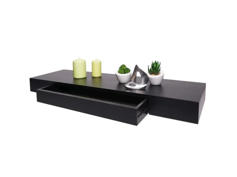 BERLINLODGE Wandregal HxBxT 8x80x25cm Schublade Massiv-Holz Schwarz Schweberegal Wandboard Hängeregal Regal