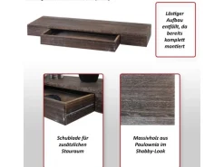 BERLINLODGE Wandregal HxBxT 8x80x25cm Schublade Massiv-Holz Schwarz Schweberegal Wandboard Hängeregal Regal