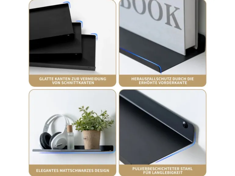 BERLINLODGE Wandregal Metall 3er Set Matte Schwarz Schweberegal Wandboards Bücherregal 3-Teiliges Hängeregal Wanddeko