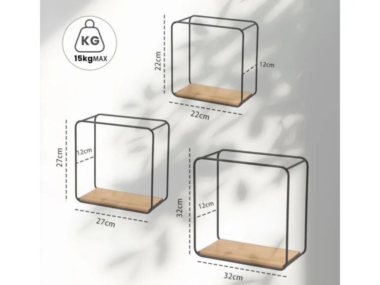 BERLINLODGE Wandregal Metall/Bambus 3er Set Schweberegal 3-Teiliges Hängeregal Würfelregal Schrankregal Wanddeko Und Ablage Schwarz/Holz