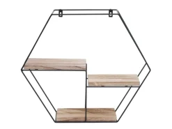 BERLINLODGE Wandregal Sechseckig HxBxT 43x49x11cm 3 Regalböden Metall Massiv-Holz Industrial Natur Hängeregal Schweberegal Regal