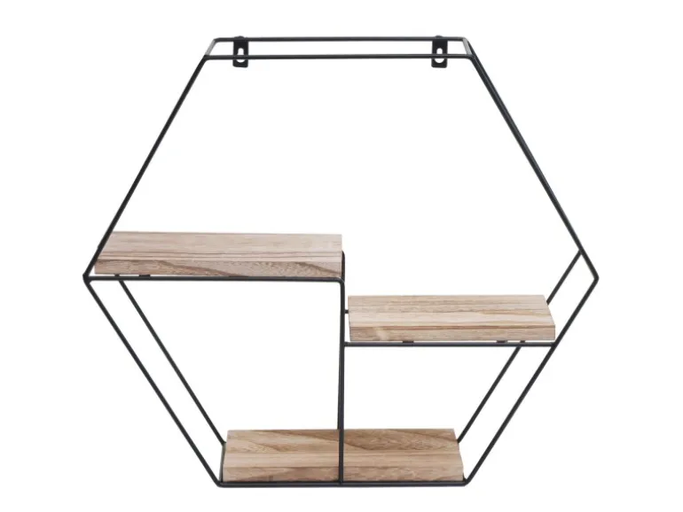 BERLINLODGE Wandregal Sechseckig HxBxT 43x49x11cm 3 Regalböden Metall Massiv-Holz Industrial Natur Hängeregal Schweberegal Regal