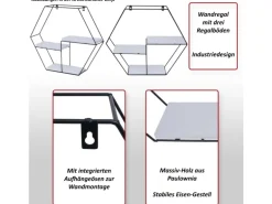 BERLINLODGE Wandregal Sechseckig HxBxT 43x49x11cm 3 Regalböden Metall Massiv-Holz Industrial Natur Hängeregal Schweberegal Regal