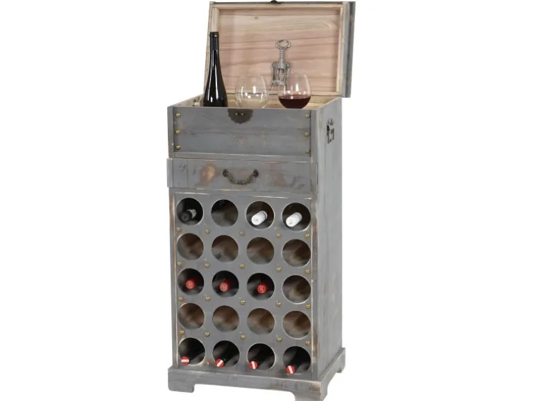 BERLINLODGE Weinregal Mit Schublade Und Truhe Flaschenregal Für 20 Flaschen HxBxT 94x48x31cm Shabby-Look Vintage Grau