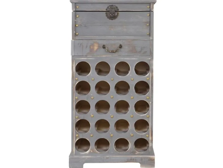 BERLINLODGE Weinregal Mit Schublade Und Truhe Flaschenregal Für 20 Flaschen HxBxT 94x48x31cm Shabby-Look Vintage Grau