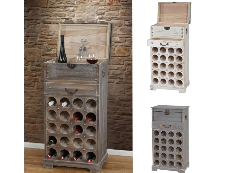 BERLINLODGE Weinregal Mit Schublade Und Truhe Flaschenregal Für 20 Flaschen HxBxT 94x48x31cm Shabby-Look Vintage Grau