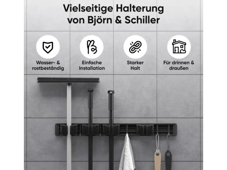 Björn&Schiller Gerätehalter Wandhalterung Aluminium 4 Besenhalter 5 Haken bis 10 kg