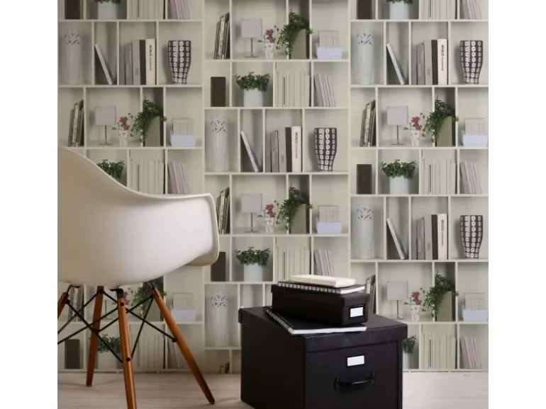 Bricoflor ausgefallene Tapete mit Bücherregal Muster 3D Tapete Ideal für Wohnzimmer und Büro Weiße Vliestapete mit Regel Design