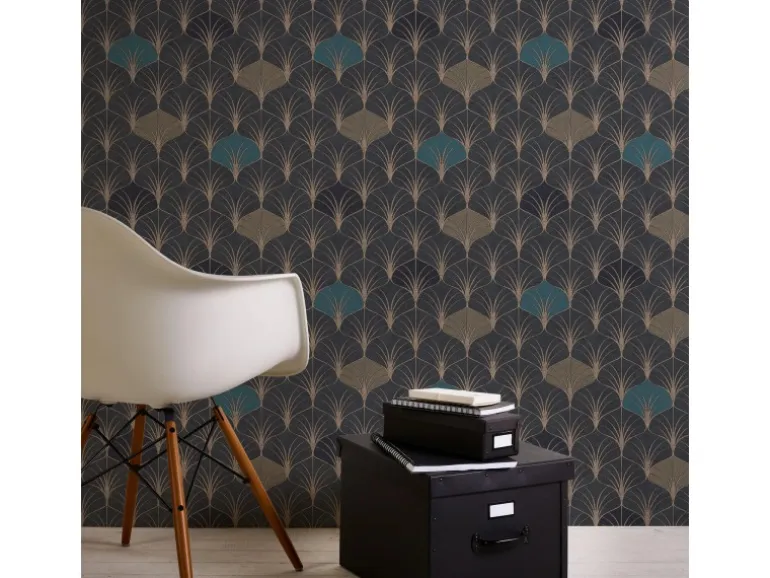 Bricoflor 20er Jahre Tapete Schwarz Gold Petrol Elegante Vlies Mustertapete Im Art Deco Stil Dunkle Vliestapete mit Ornament für Wohnzimmer