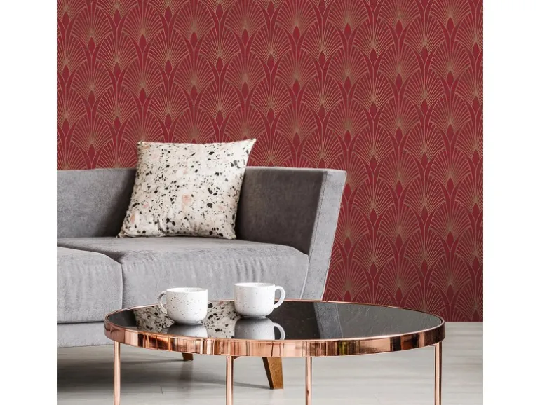 Bricoflor 20er Jahre Tapete Rot Gold Edle Vliestapete mit Art Deco Ornament für Schlafzimmer und Esszimmer Rote Vlies Mustertapete Gründerzeit Optik