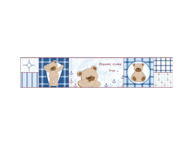 Bricoflor Kinderzimmer Tapeten Bordüre mit Teddy Bär Babyzimmer Bordüre in Blau und Beige Selbstklebende Tapetenborte Kariert