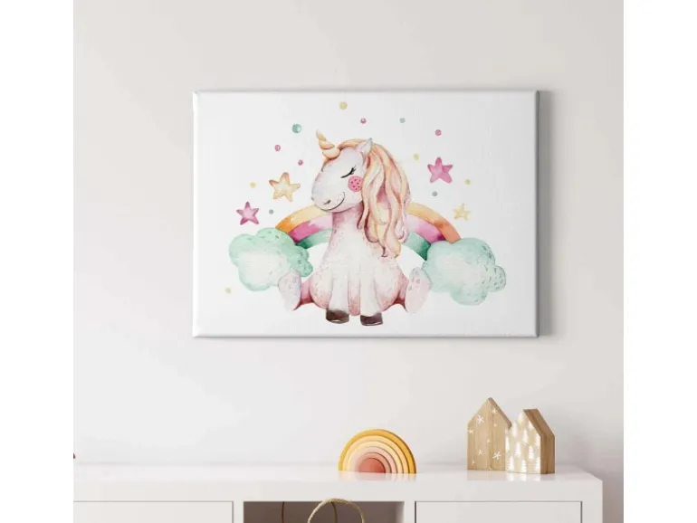 Bricoflor Kinderzimmer Wandbild Mit Einhorn Aquarell Bild Auf Leinwand Mit Sternen Und Regenbogen Wasserfarben Leinwandbild Ideal Für Mädchenzimmer