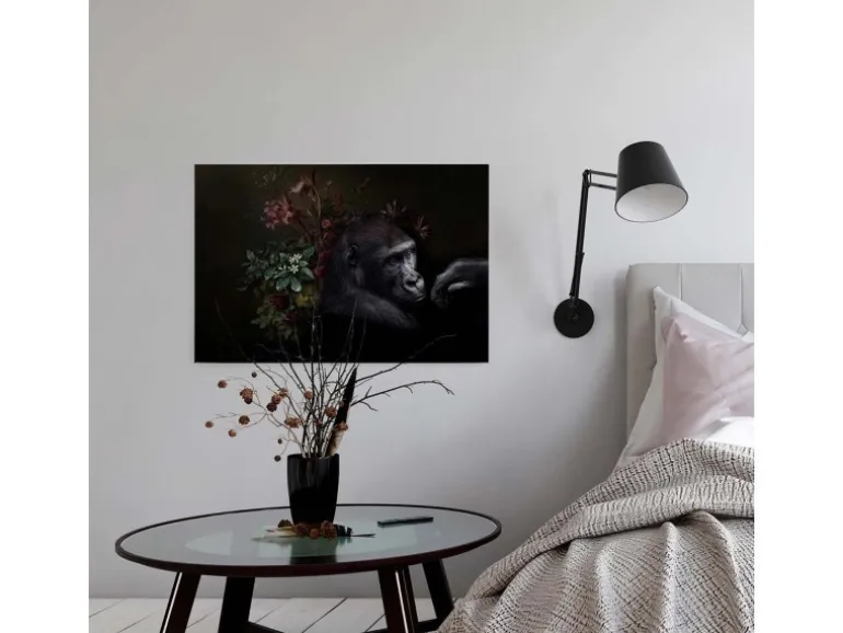 Bricoflor Leinwand Bild Mit Gorilla Und Blumen Stillleben Wandbild In Schwarz Ideal Für Wohn Und Schlafzimmer Tier Bild Auf Leinwand Im Querformat