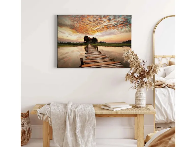 Bricoflor Leinwand Bild Mit Steg Am See Sonnenuntergang Leinwandbild In Pastellfarben Landschaft Wandbild In Abendstimmung Für Schlafzimmer Und Küche