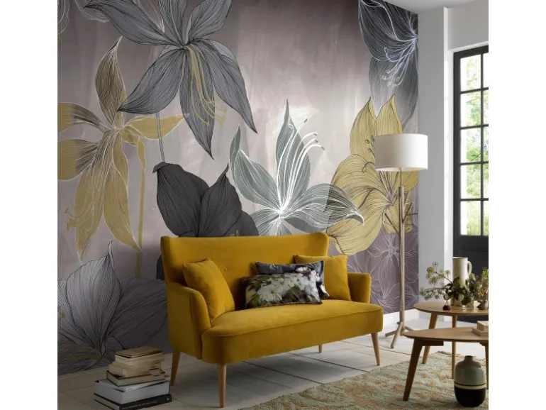 Bricoflor Lilien Tapete Grafisch Vlies Fototapete mit Blumen in Grau Gold Ideal für Wohnzimmer und Schlafzimmer Florale Vliestapete Ausgefallen