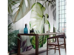 Bricoflor Monstera Tapete Transparent Tropische Blätter Vliestapete in Grün Weiß Grau Vlies Fototapete mit Palmenblättern für Wohn und Schlafzimmer