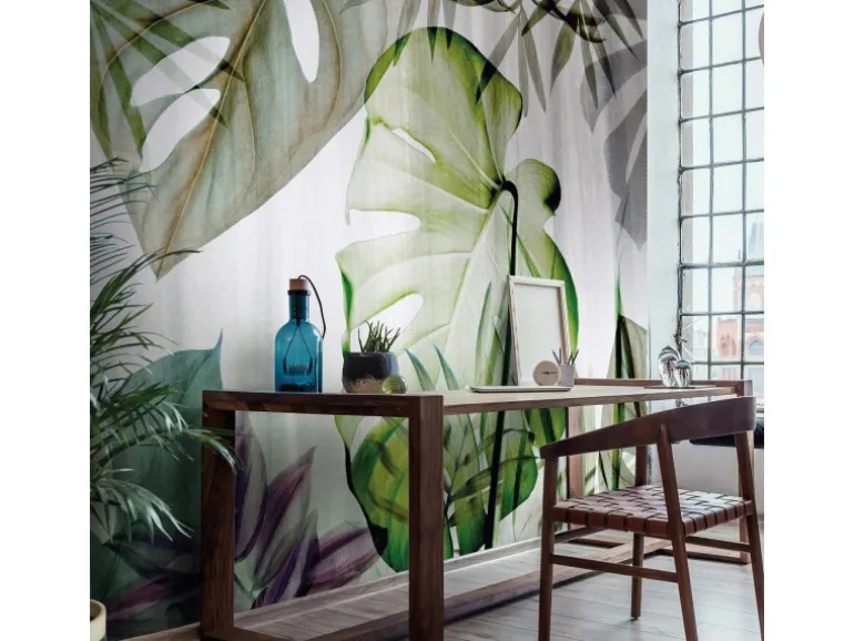 Bricoflor Monstera Tapete Transparent Tropische Blätter Vliestapete in Grün Weiß Grau Vlies Fototapete mit Palmenblättern für Wohn und Schlafzimmer