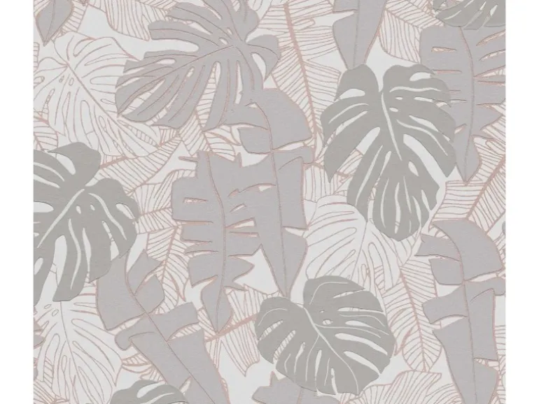 Bricoflor Tapete mit Monstera Graue Vliestapete mit Palmenblättern Tropische Mustertapete in Grau mit Kupfer Metallic Effekt