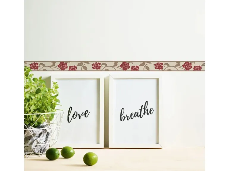 Bricoflor Tapetenbordüre mit Blumen für Schlafzimmer und Esszimmer Selbstklebende Bordüre in Rot und Beige Schmale Tapetenborte aus Vlies und Vinyl