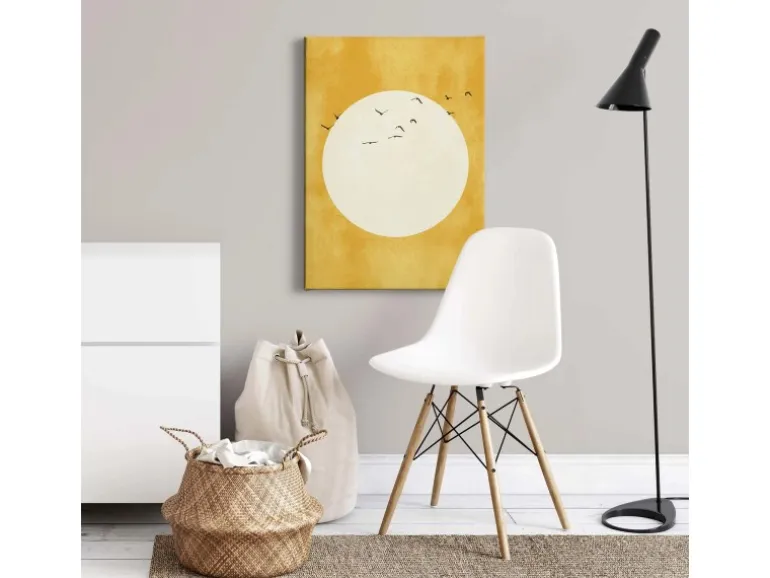 Bricoflor Wandbild Mit Kreis In Gelb Und Weiß Leinwand Bild Im Asiatischen Stil Vogel Bild Auf Leinwand Für Schlaf Und Wohnzimmer Im Mid Century Stil