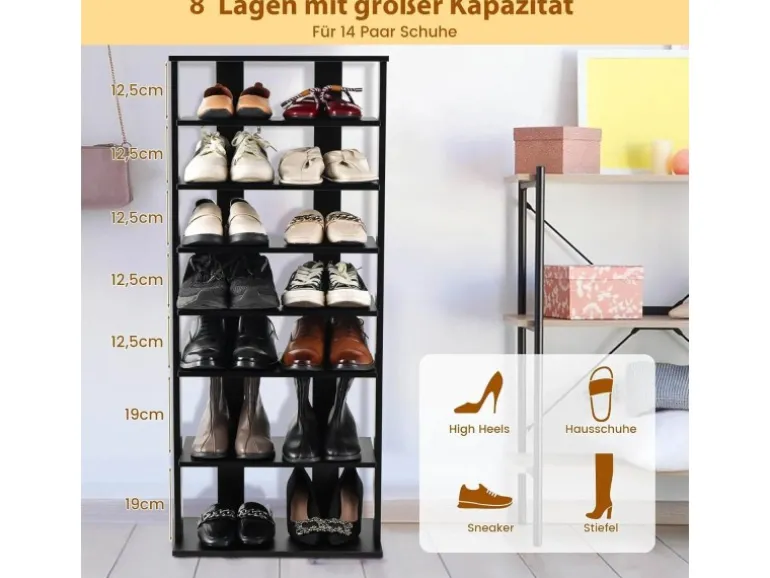 Costway 8 Stufiges Schuhregal Höhenverstellbar Holz Schwarz Doppel