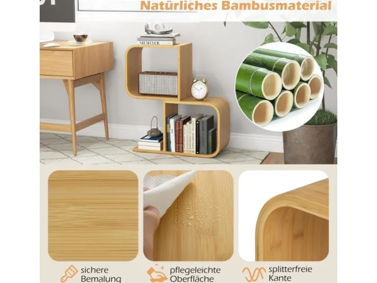 Costway Bücherregal S-förmig Aus Bambus Würfelregal mit 2 Etagen