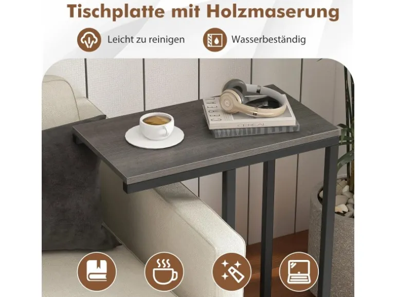 Costway Beistelltisch C-Form Sofatisch mit Metallgestell Grau
