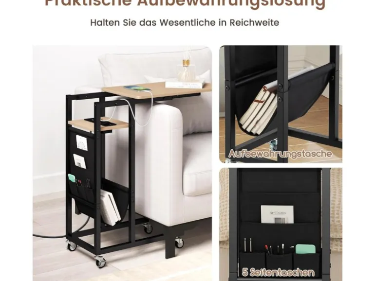 Costway Beistelltisch C-förmig mit Ladestation Sofatisch Grau