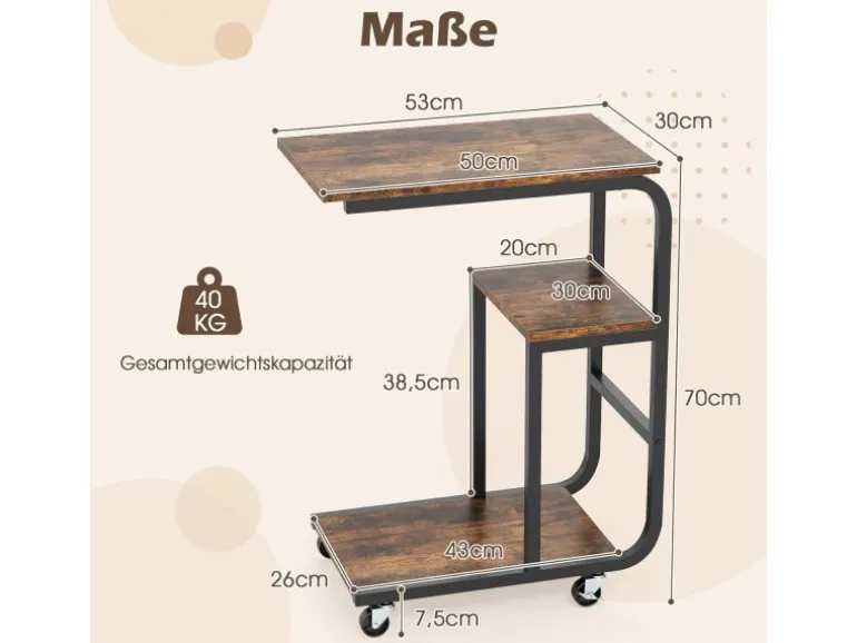 Costway Beistelltisch 2er Set Sofatisch mit Rollen C-Form Kaffeetisch