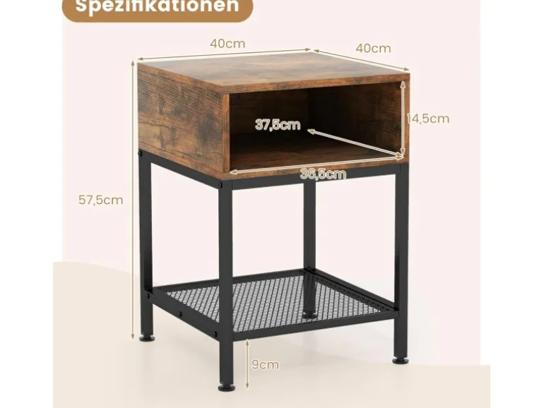 Costway Beistelltisch Im Industriedesign Nachttisch mit Stauraum Braun