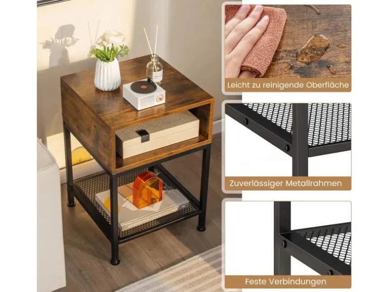 Costway Beistelltisch Im Industriedesign Nachttisch mit Stauraum Braun