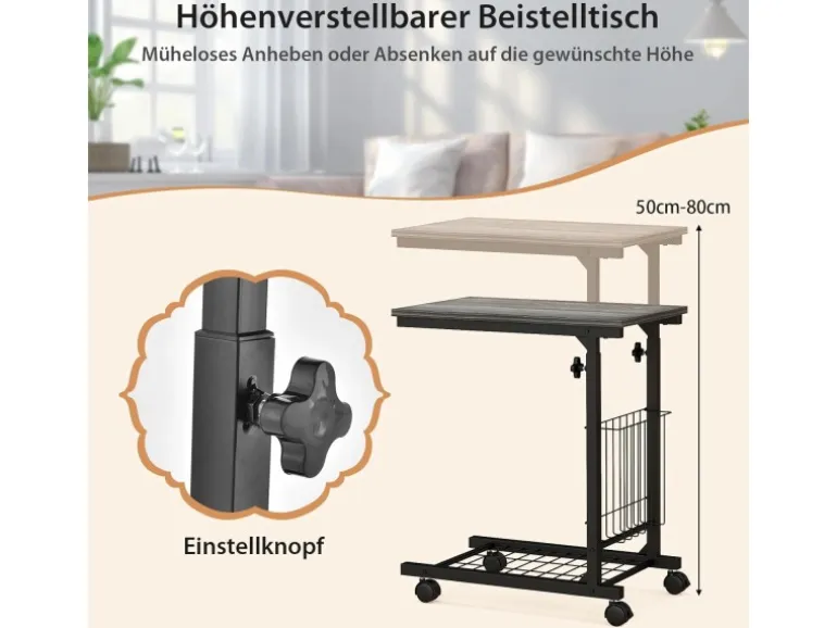 Costway Beistelltisch mit Rollen Laptoptisch Höhenverstellbar Grau