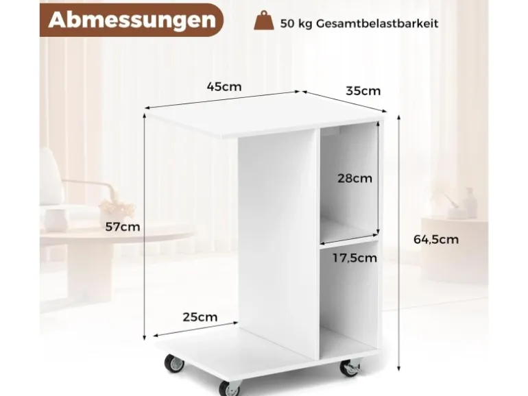 Costway Beistelltisch mit Rollen Sofatisch C-Form Nachttisch Weiß