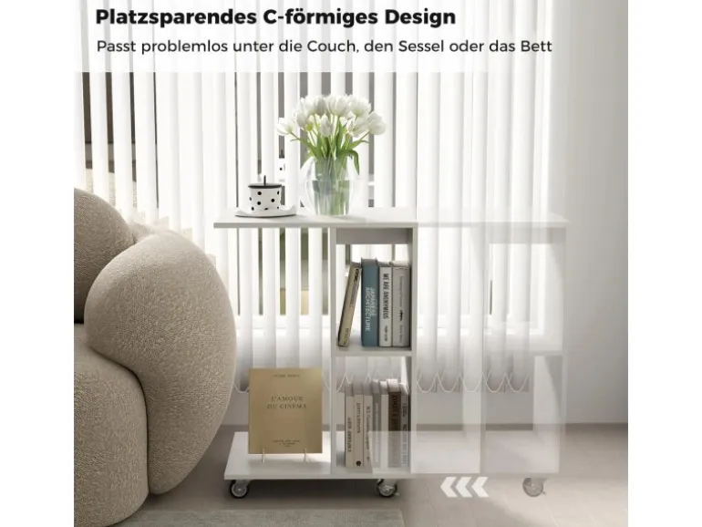 Costway Beistelltisch mit Rollen Sofatisch C-Form Nachttisch Weiß
