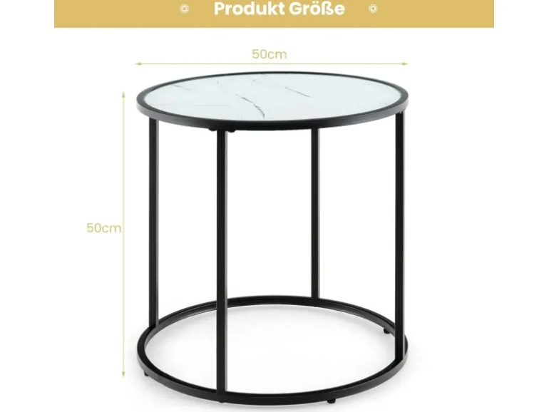 Costway Beistelltisch Runder Sofatisch mit Glasplatte 50 x 50 x 50 cm