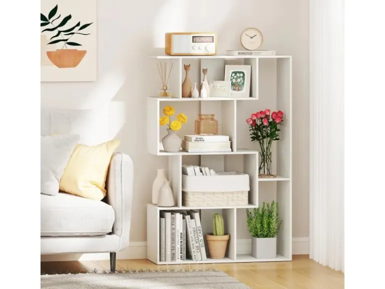 Costway Geometrische Holzregal Bücherregal mit Kippsicherungen Weiß
