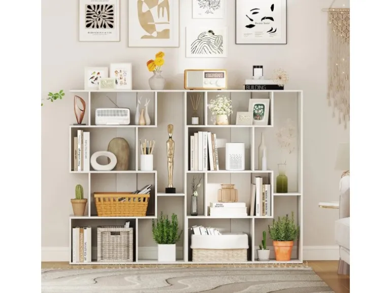 Costway Geometrische Holzregal Bücherregal mit Kippsicherungen Weiß